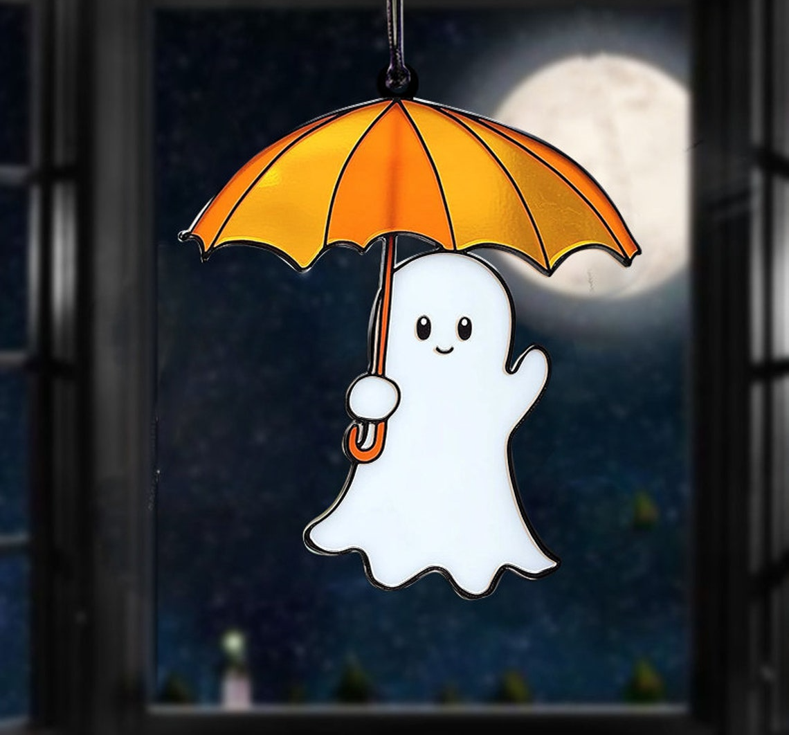 Halloween Ghost Funny Holding Umbrella Suncatcher, Cute Ghost Hanging Ornament Home Decor