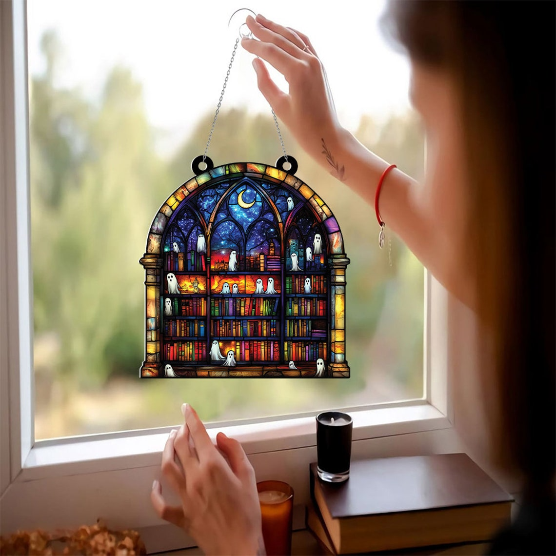 Ghosts in Haunted Library in the Night Suncatcher, Spooky Ghost Home Decor Ornament