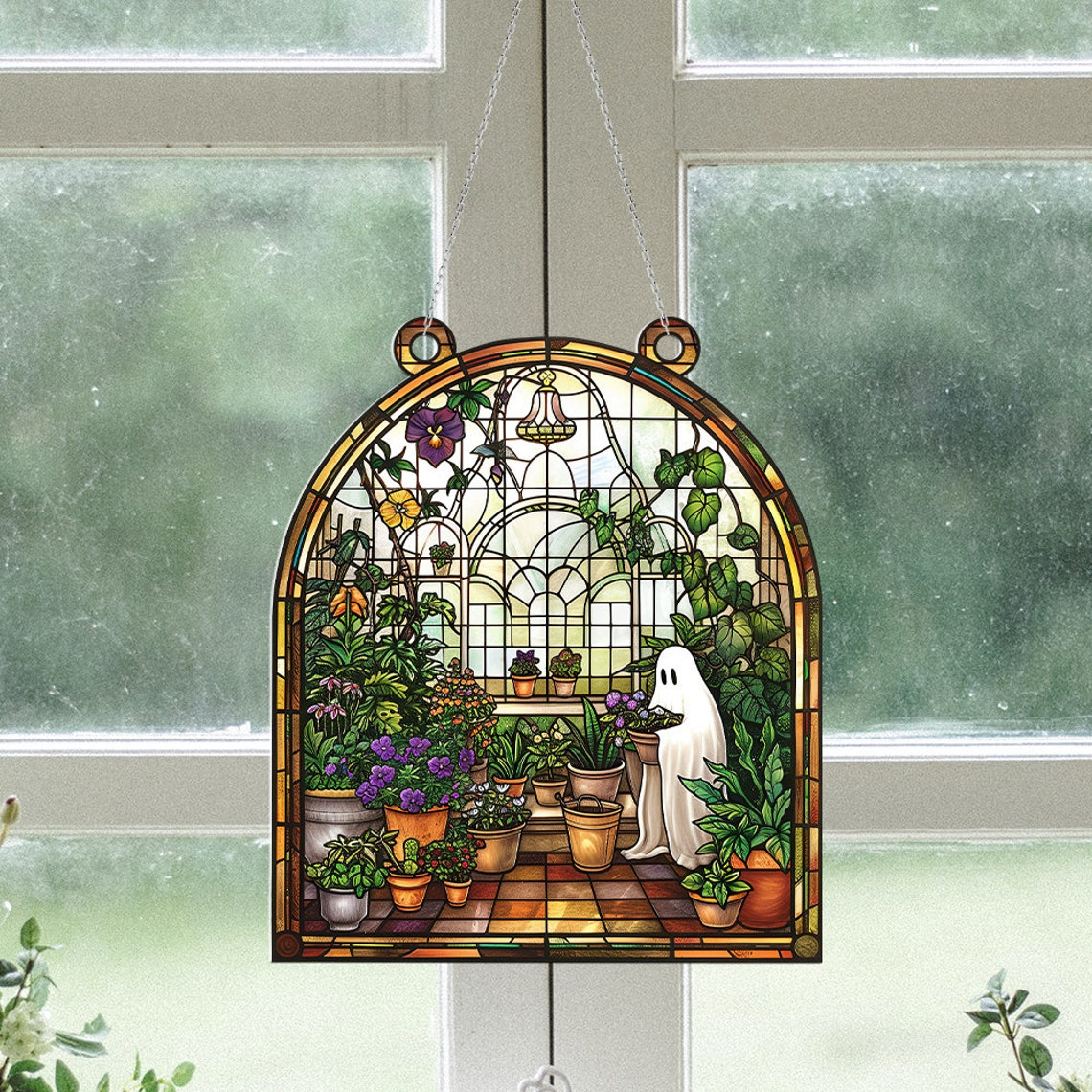 Cute Ghost At Greenhouse Suncatcher, Ghost Greenhouse Hanging Home Decor