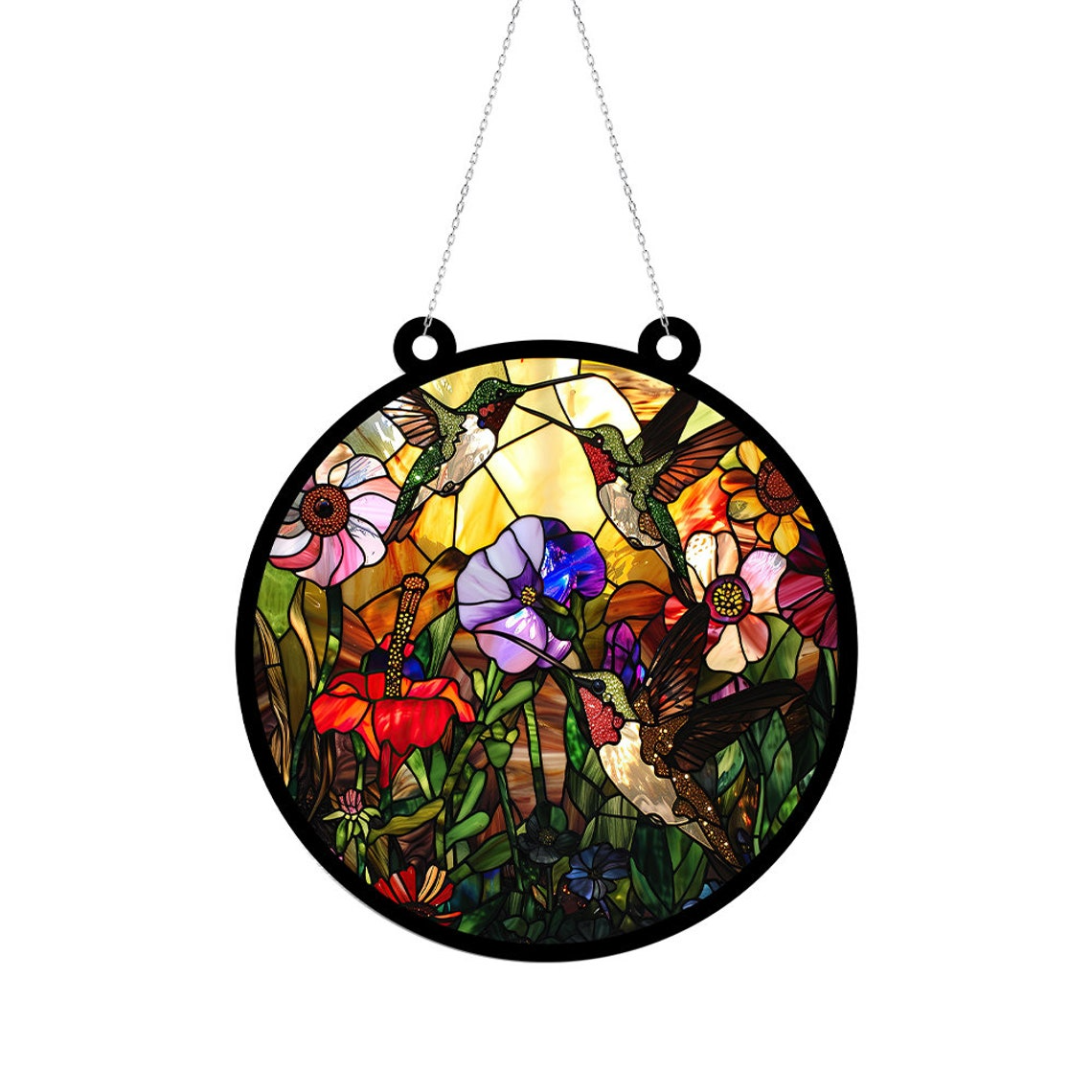 Hummingbirds and Wild Flowers Suncatcher Ornament, Bird and Flower Window Hanging Ornament