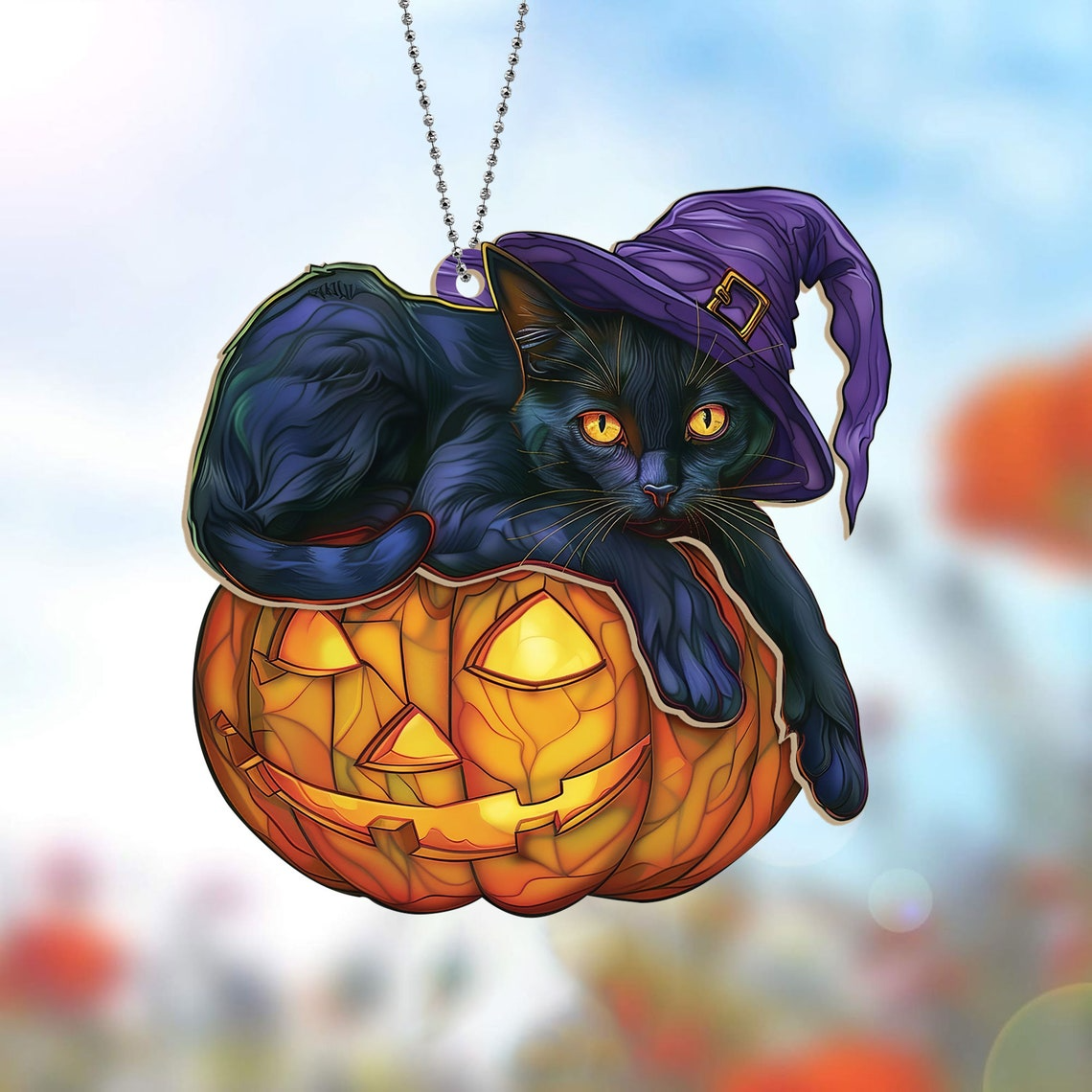 Cat Wearing Purple Witch Hat Halloween Suncatcher, Halloween Cat Pumpkin Ornament Decor