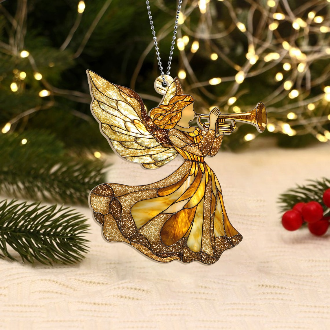 Angel with Trumpet Christmas Suncatcher, Angel with Trumpet Ornament Home Decor