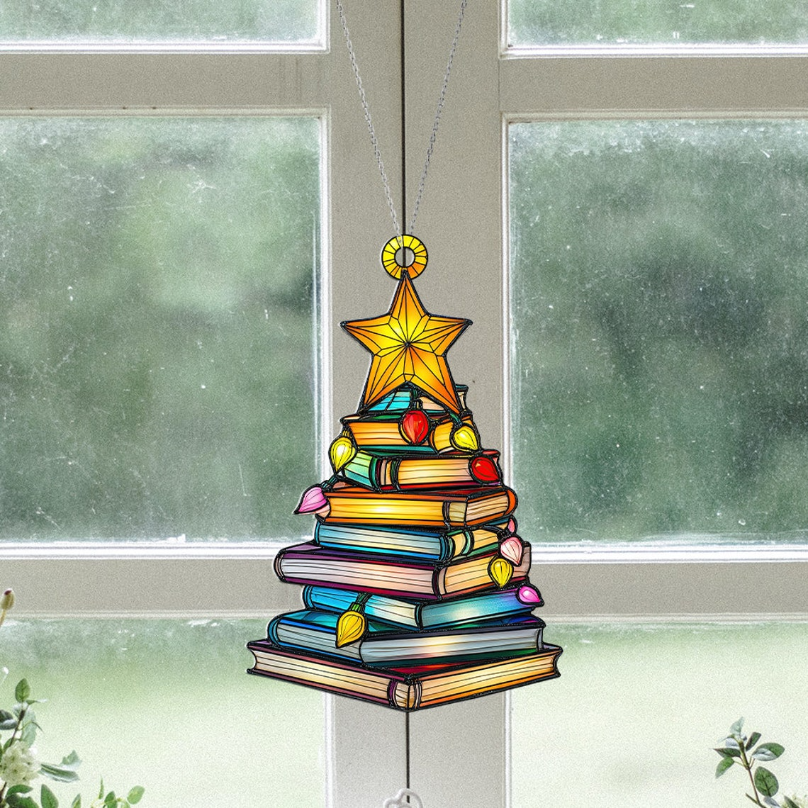 Bookstack Star Christmas Suncatcher, Books Tree Christmas Hanging Window Ornament