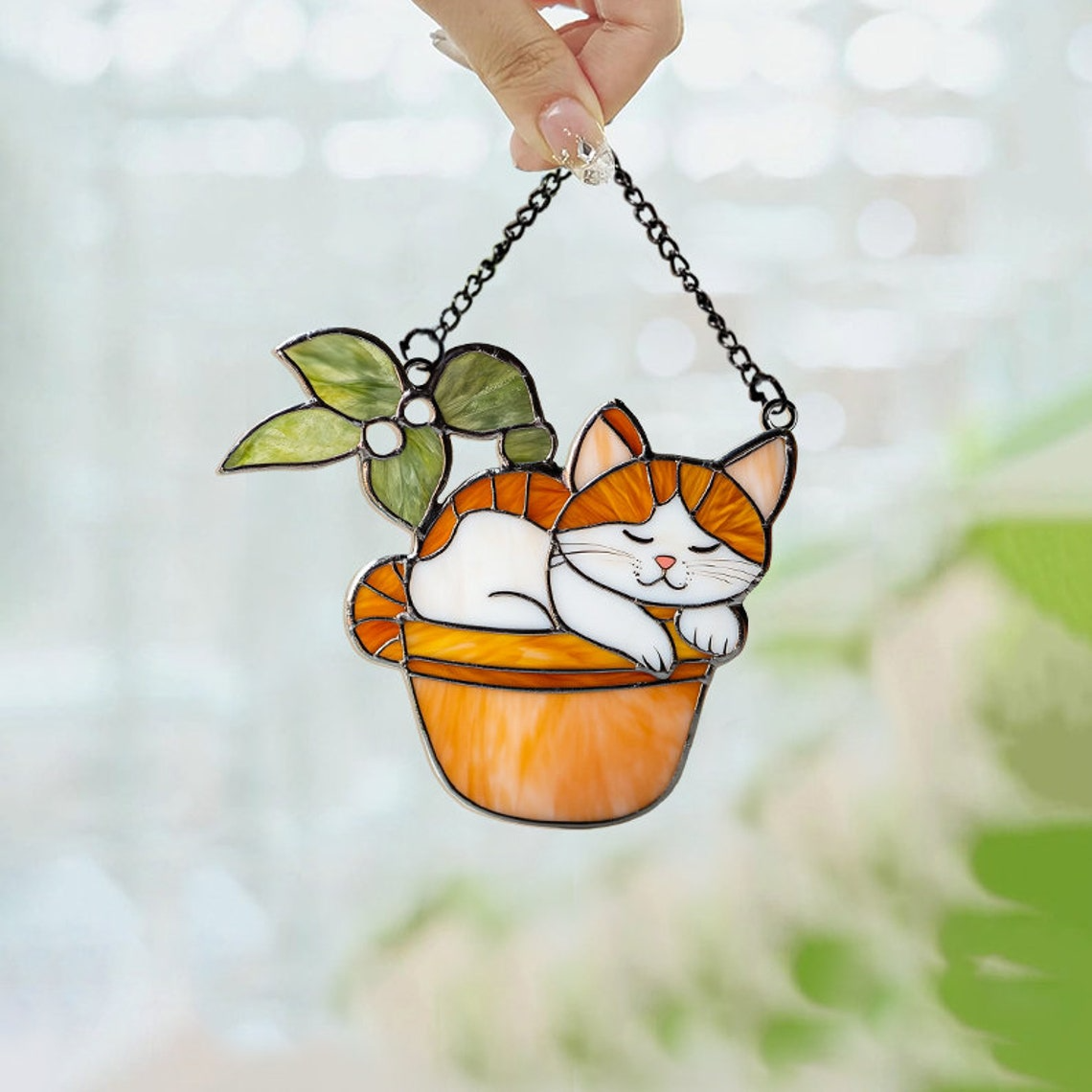 Cat on Flower Pot Hanging Window Suncatcher, Pet on Flower Pot Decor Gift