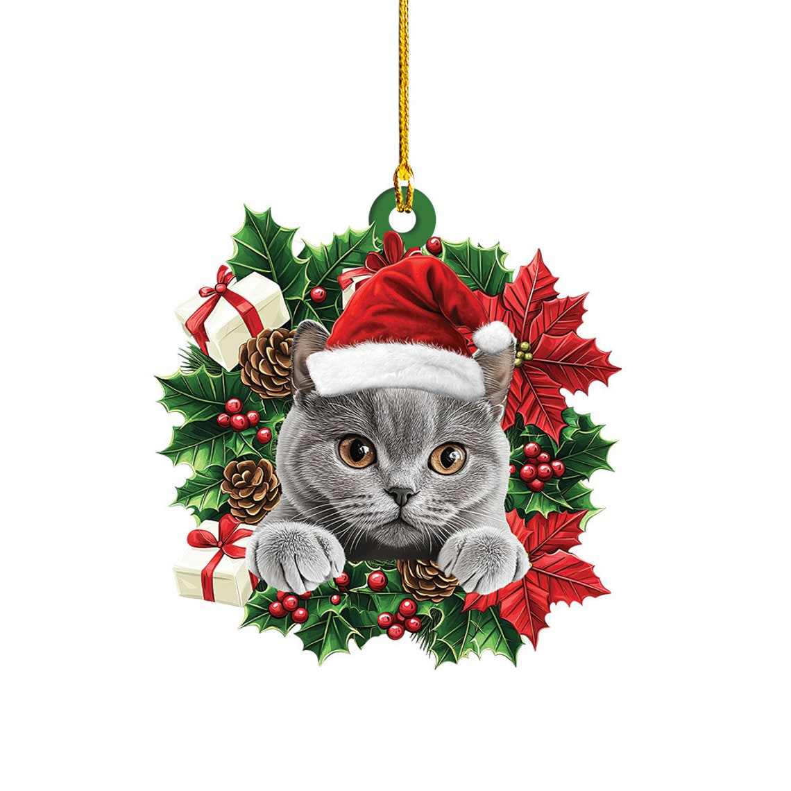 British Shorthair Cat Christmas Wreath Ornament, British Shorthair Cat Car Ornament Decor Gift