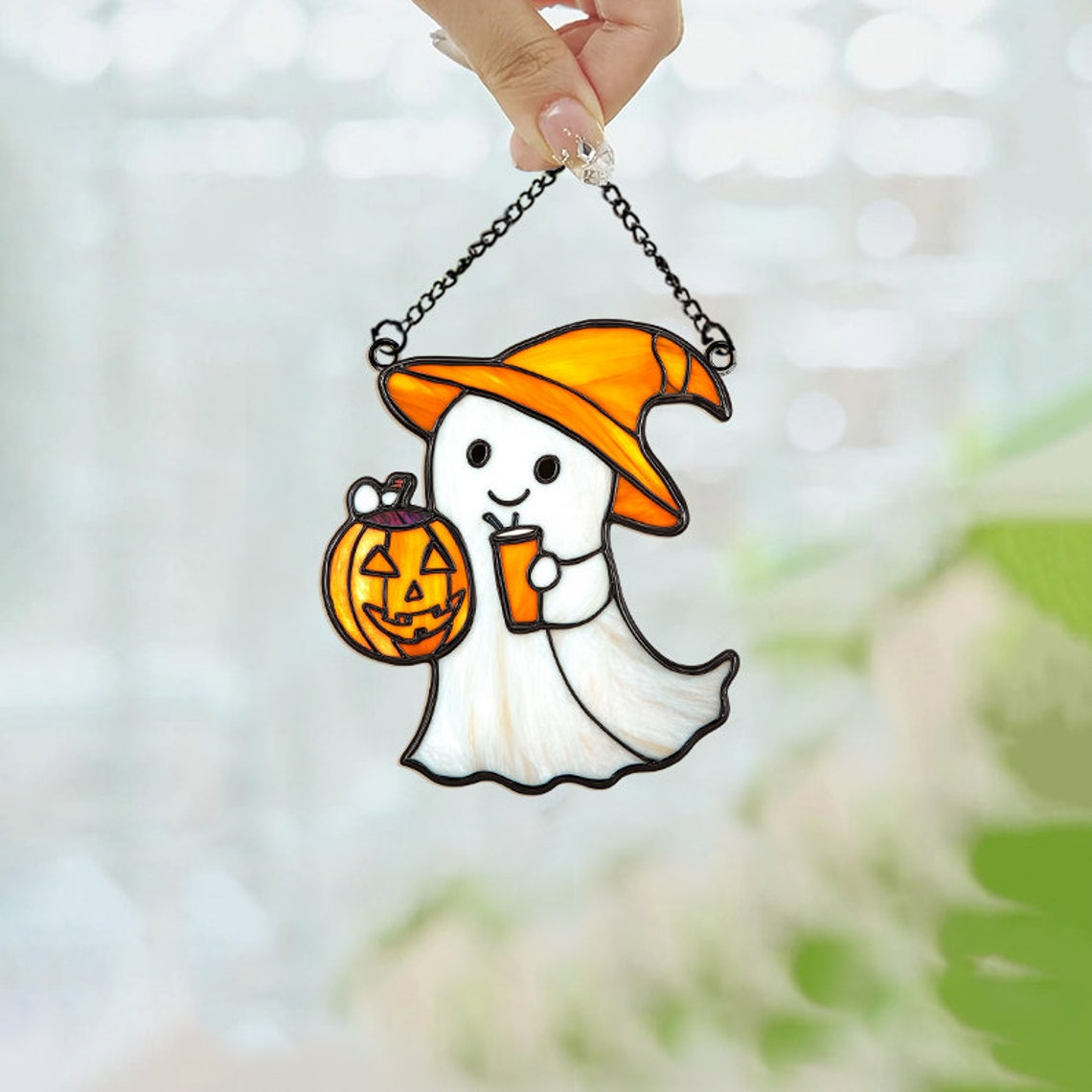 Cute Ghost And Pumpkin Halloween Suncatcher, Ghost Window Hanging Ornament