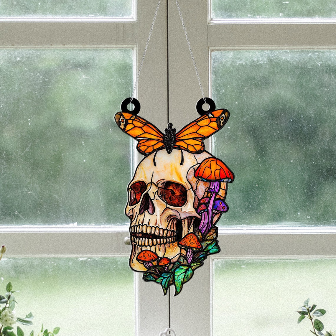 Wild Mushroom Skull Halloween Suncatcher, Wild Mushroom Window Hanging Suncatcher Decor