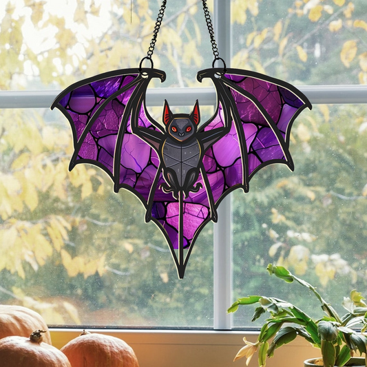 Bat Purple Fly Halloween Hanging Suncatcher Ornament, Halloween Bat Ornament Halloween Decor