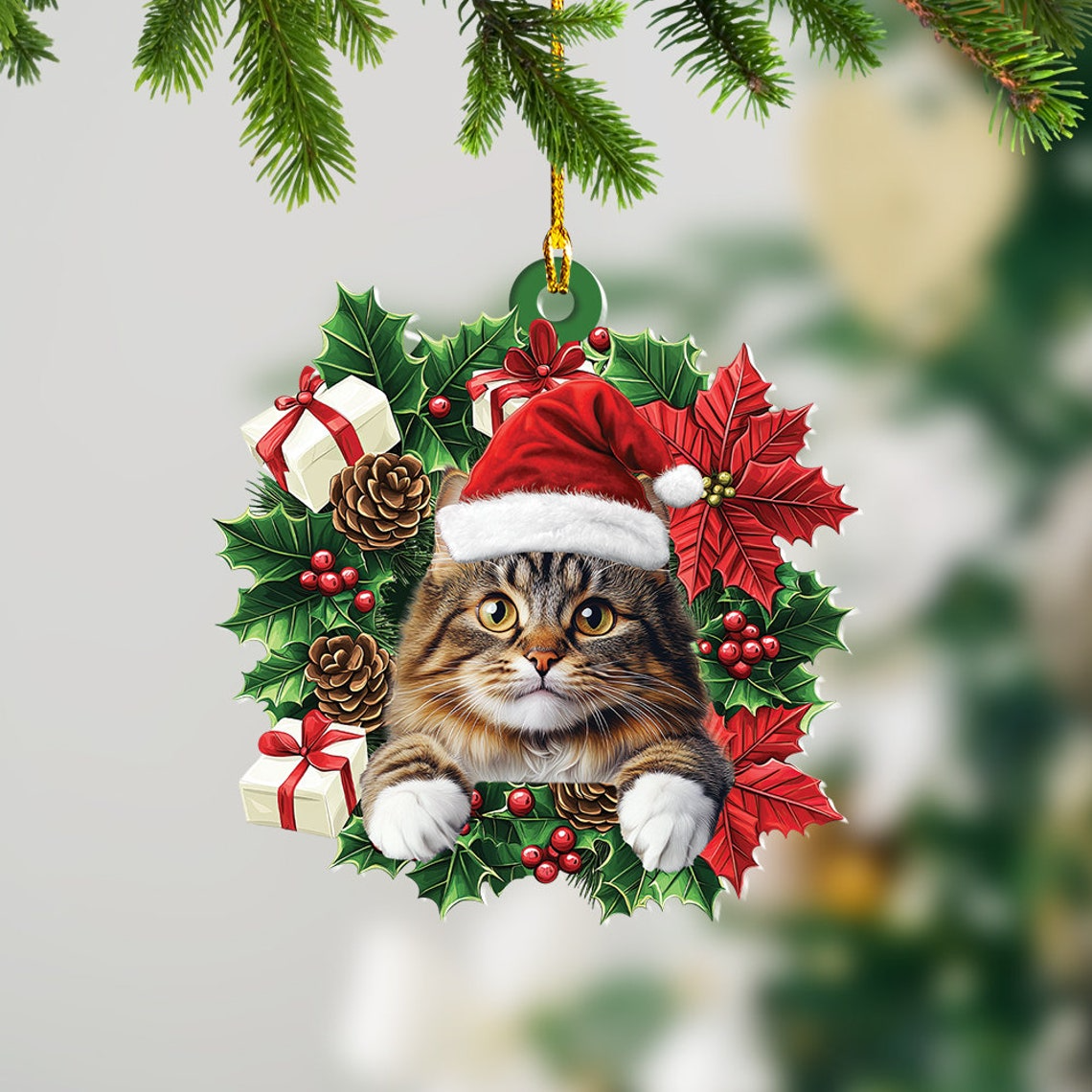 Norwegian Forest Cat Christmas Wreath Ornament, Norwegian Forest Cat Car Christmas Ornament