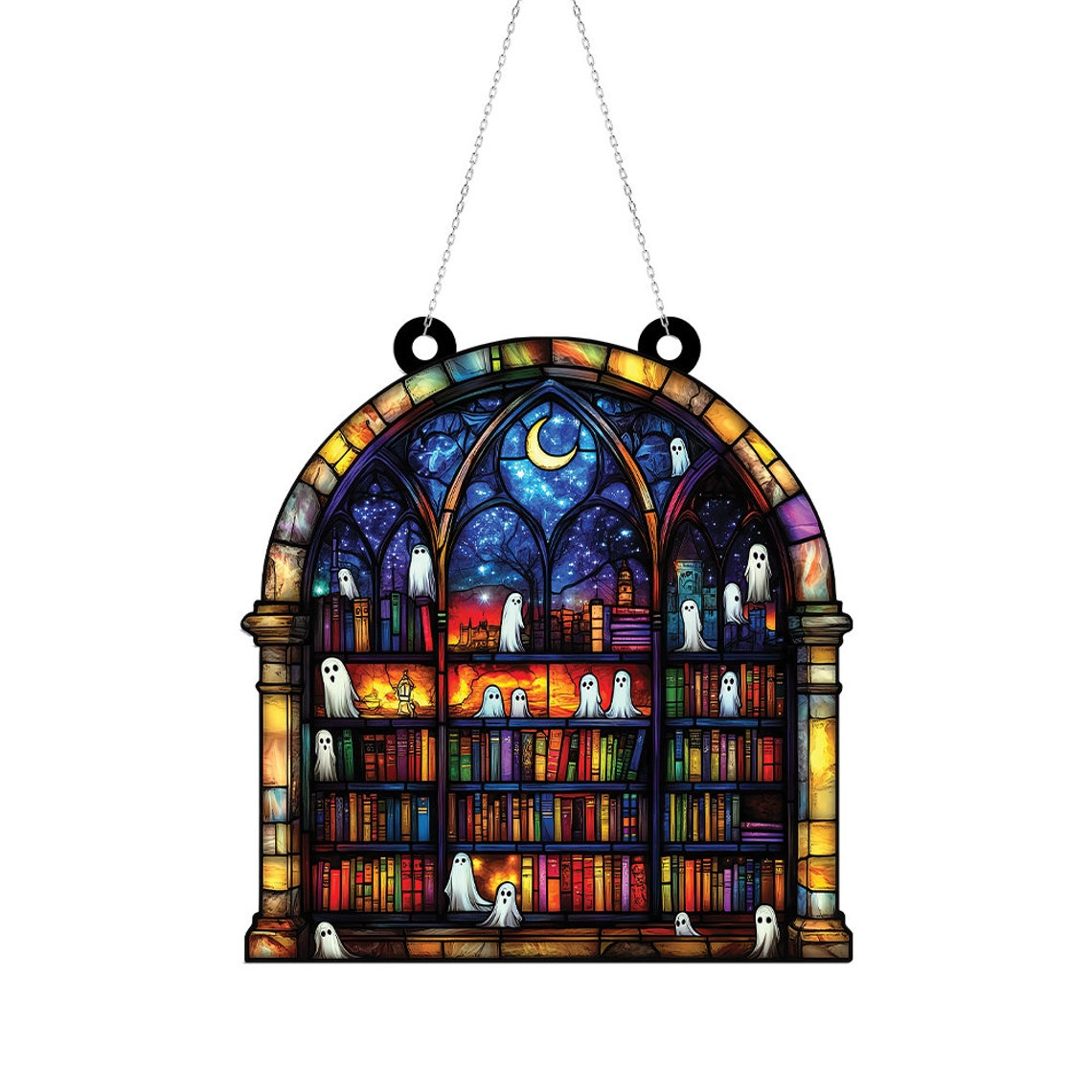 Ghosts in Haunted Library in the Night Suncatcher, Spooky Ghost Home Decor Ornament