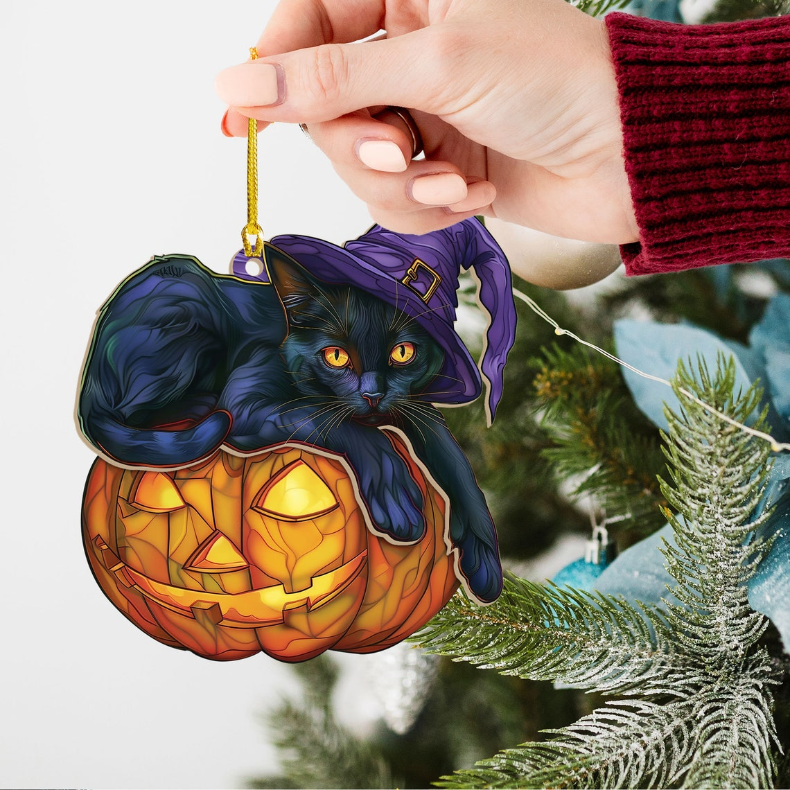 Cat Wearing Purple Witch Hat Halloween Suncatcher, Halloween Cat Pumpkin Ornament Decor