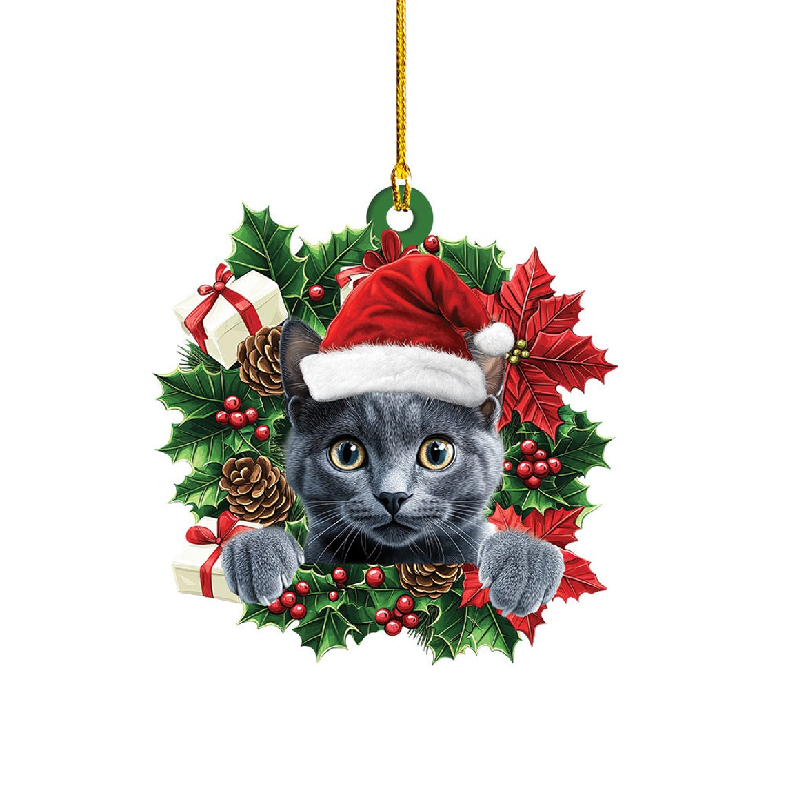 Cute Cat Hanging Christmas Wreath Ornament, Russian Blue Cat Christmas Ornament Decor Gift