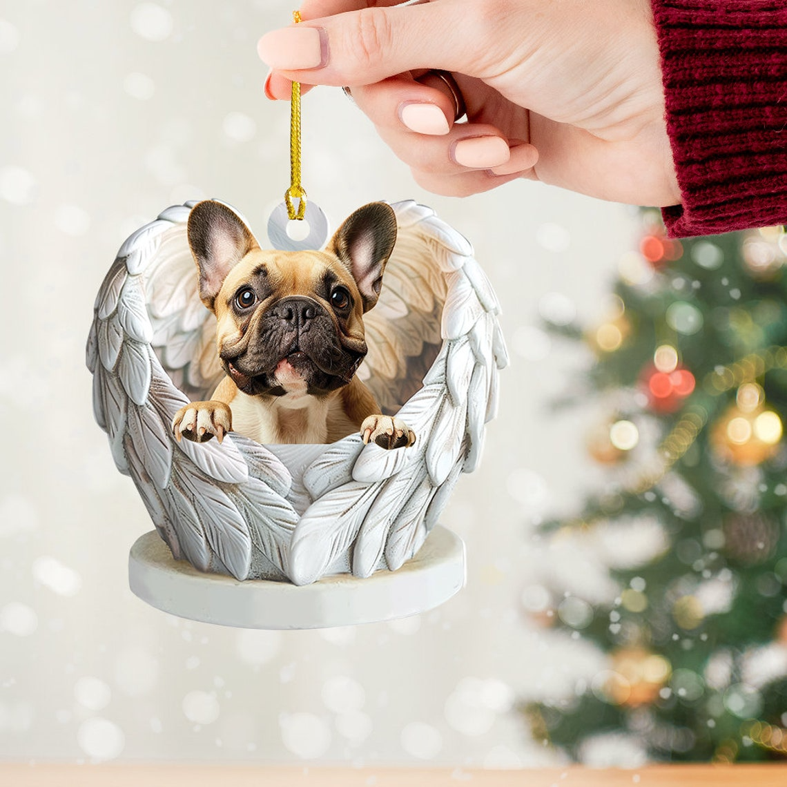 French Bulldog Angel Wings Hanging Ornament, French Bulldog Christmas Ornament Decor Holiday Gift