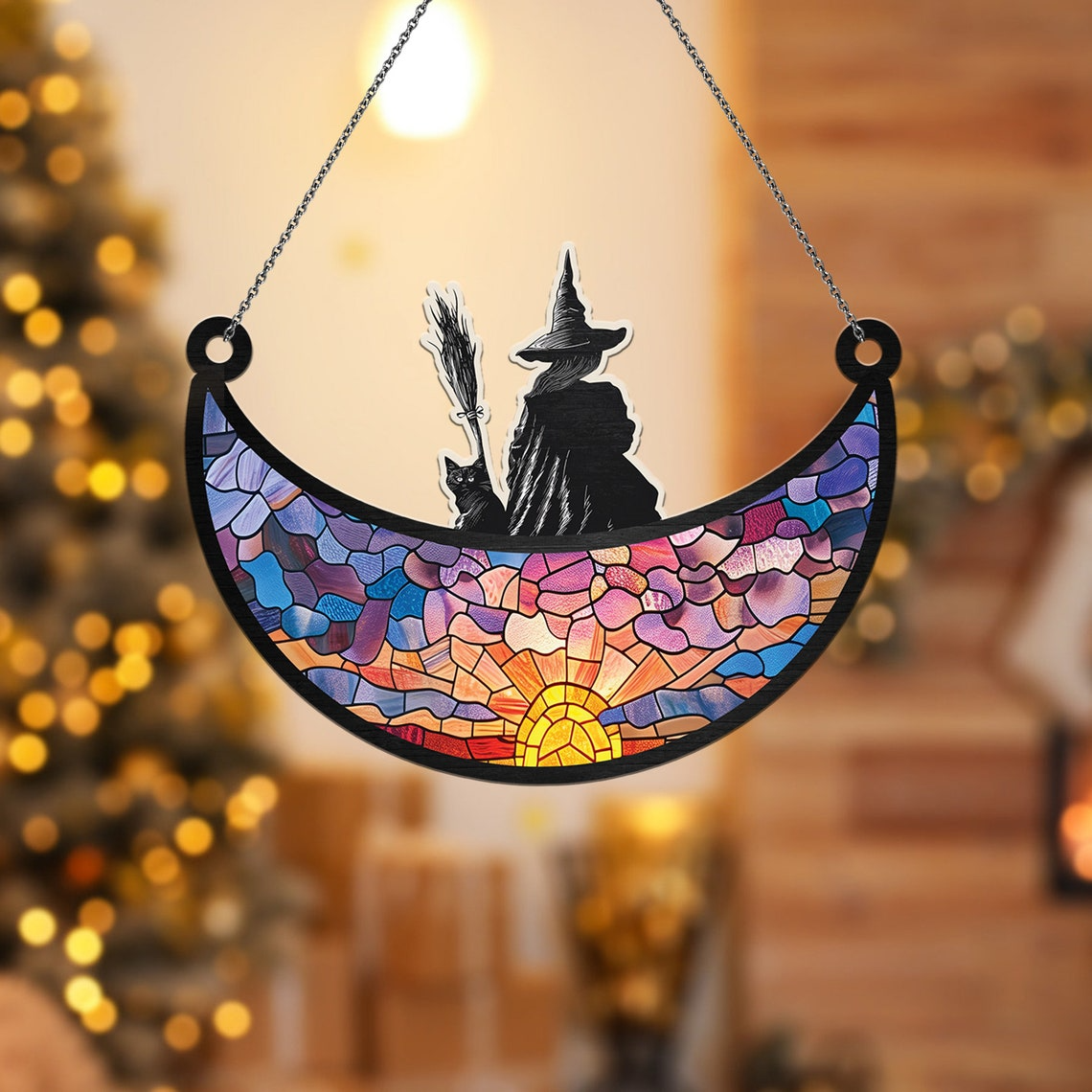 Witch and Black Cat on the Moon Suncatcher, Witch and Cat on the Moon Ornament Decor