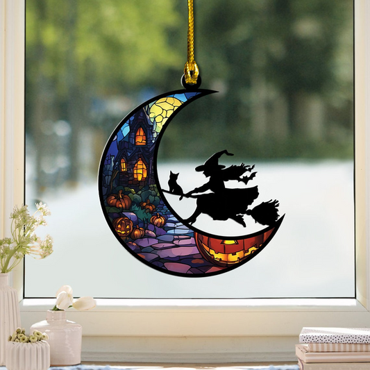 Witch Riding Broomstick on the Moon Suncatcher, Halloween Witch Riding Broomstick Home Decor