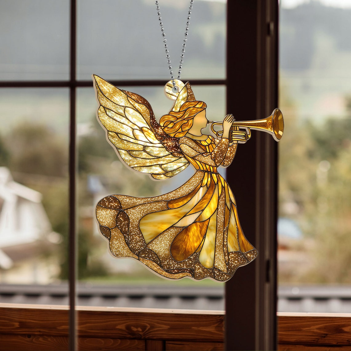 Angel with Trumpet Christmas Suncatcher, Angel with Trumpet Ornament Home Decor