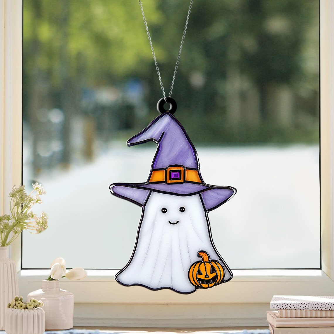 Baby Ghost Witch Suncatcher, Vintage Halloween Witch Boo Ornament Decor