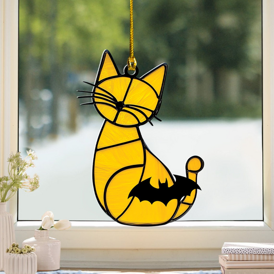 Cat Yellow and Bat Suncatcher Ornament, Halloween Cat and Bat Window Home Decor