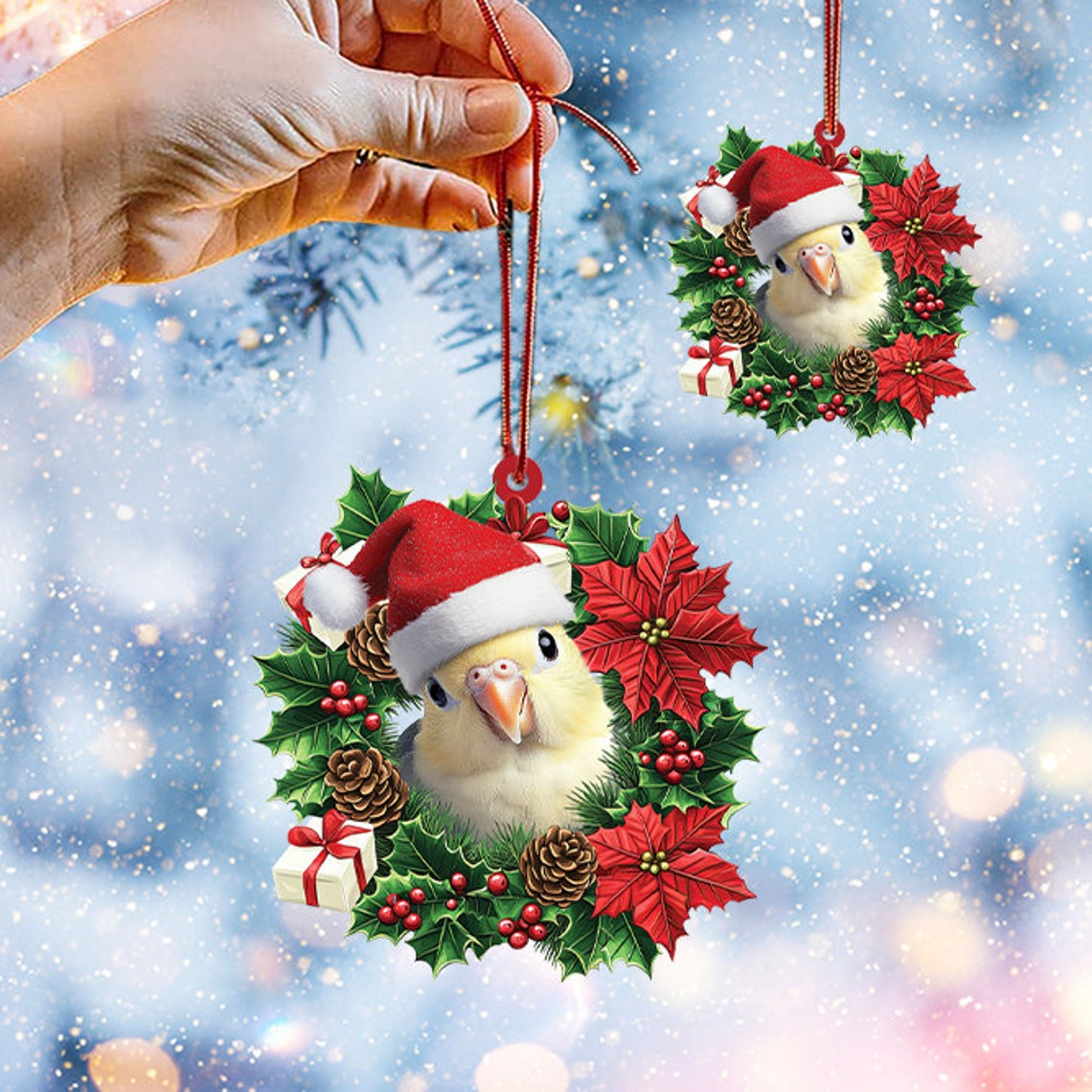 Cockatiel Hanging Christmas Tree Wreath Ornament, Cockatiel Rearview Mirror Car Ornament Holiday Gift