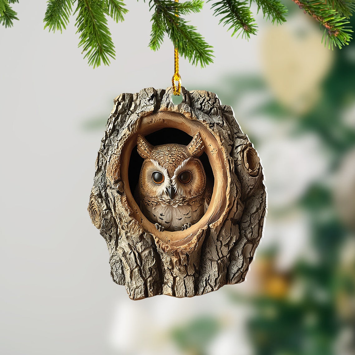 Cute Owl Flat Christmas Tree Ornament Gift, Owl in a Hollow Tree Christmas Ornament Decor