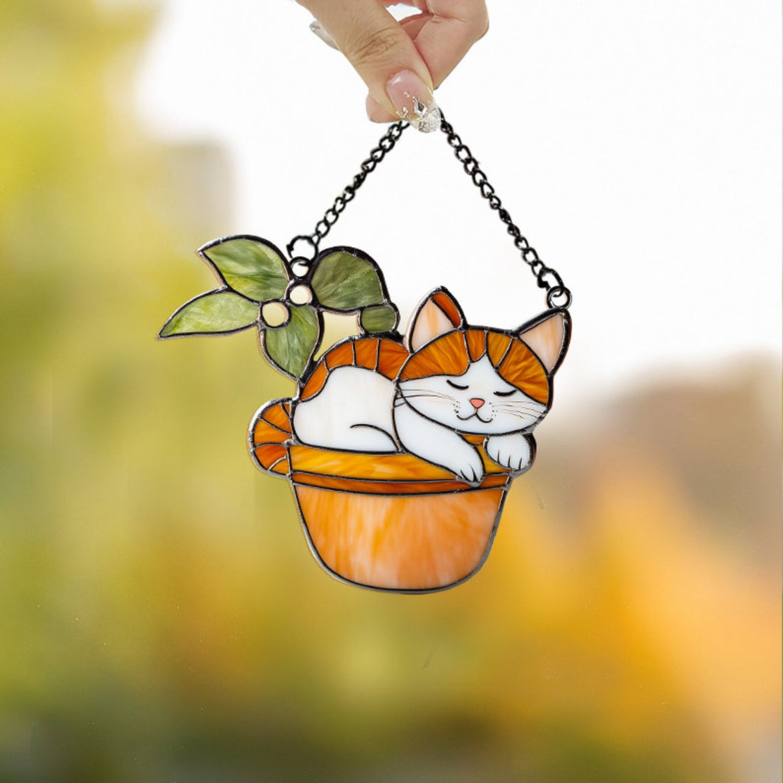 Cat on Flower Pot Hanging Window Suncatcher, Pet on Flower Pot Decor Gift