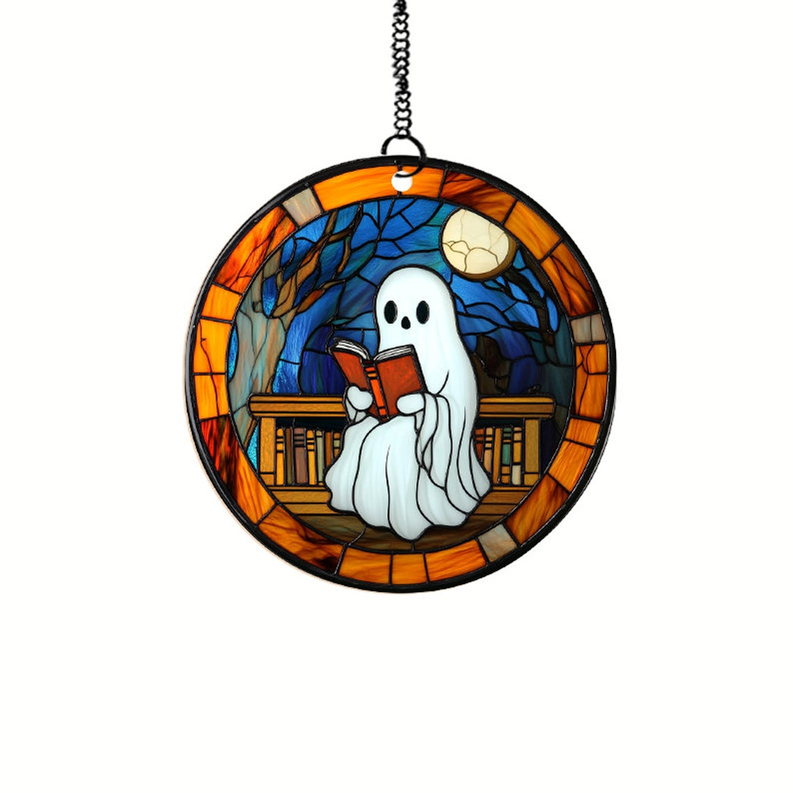 Ghost Reading Book on the Moon Suncatcher, Cute Ghost Stained Glass Decor