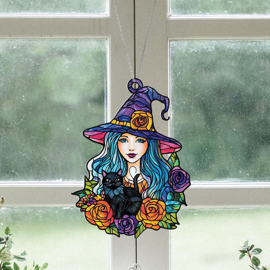 Cat Witch Flower Halloween Window Suncatcher, Halloween Cat Witch Ornament