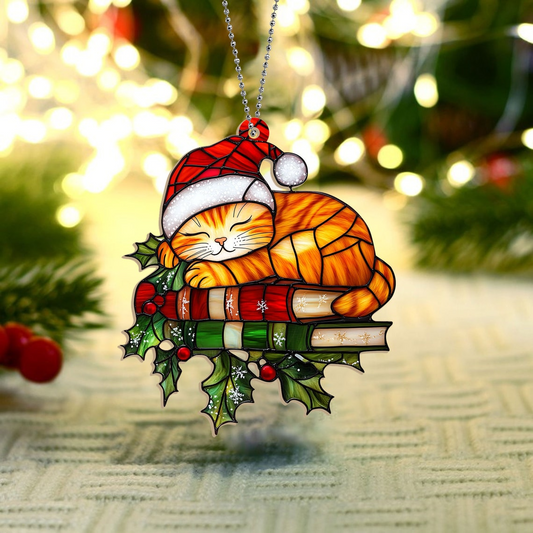 Santa Cute Cat on Books Hanging Suncatcher Ornament, Cat Winter Ornament Home Decor