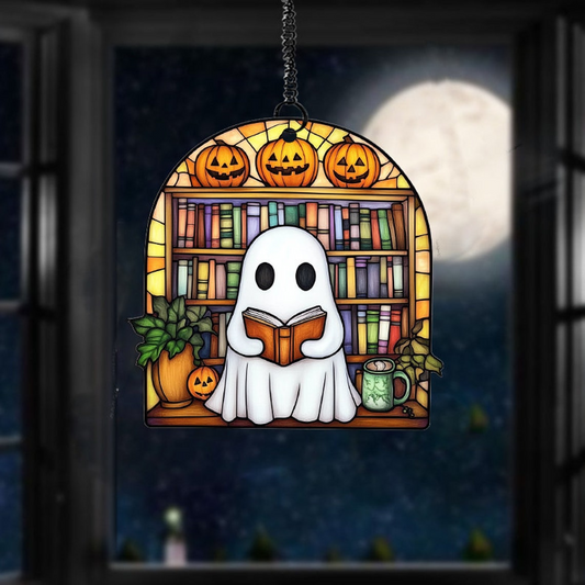 Cute Ghost and Books Suncatcher Decor, Ghost Hanging Window Ornament