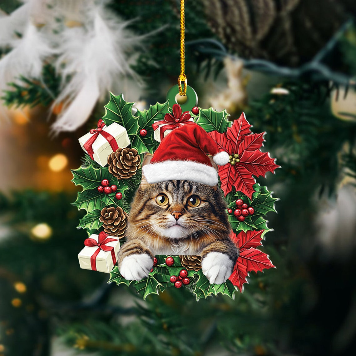 Norwegian Forest Cat Christmas Wreath Ornament, Norwegian Forest Cat Car Christmas Ornament