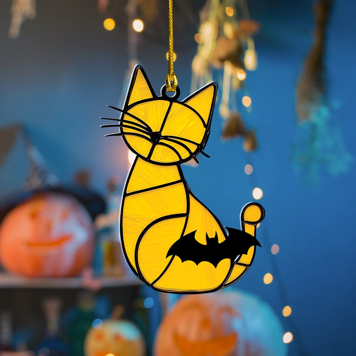 Cat Yellow and Bat Suncatcher Ornament, Halloween Cat and Bat Window Home Decor