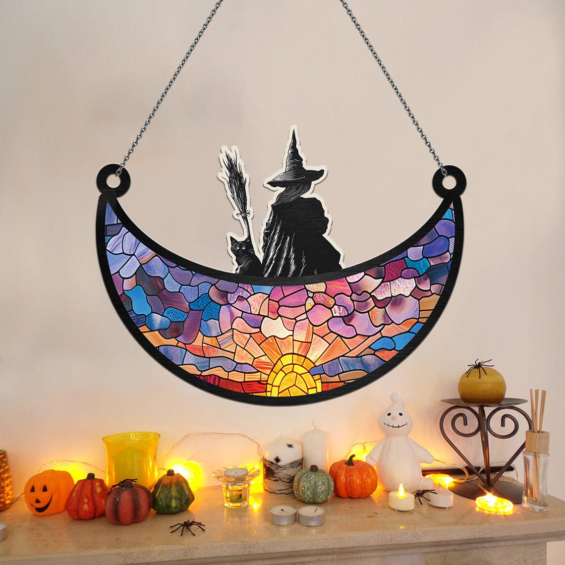 Witch and Black Cat on the Moon Suncatcher, Witch and Cat on the Moon Ornament Decor