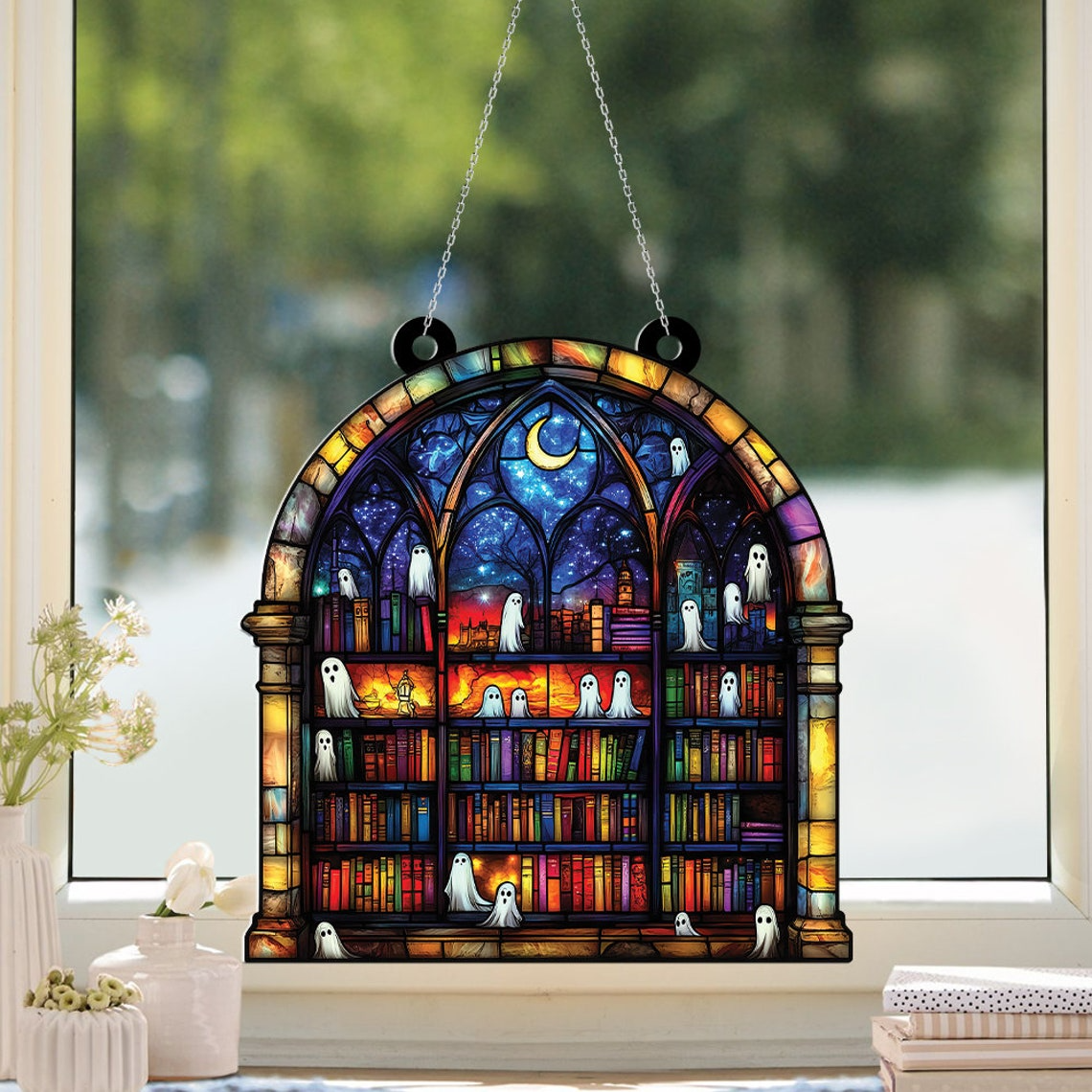 Ghosts in Haunted Library in the Night Suncatcher, Spooky Ghost Home Decor Ornament