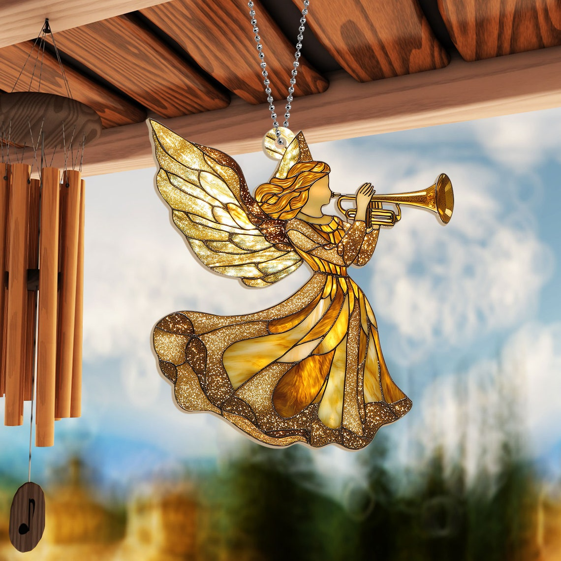 Angel with Trumpet Christmas Suncatcher, Angel with Trumpet Ornament Home Decor