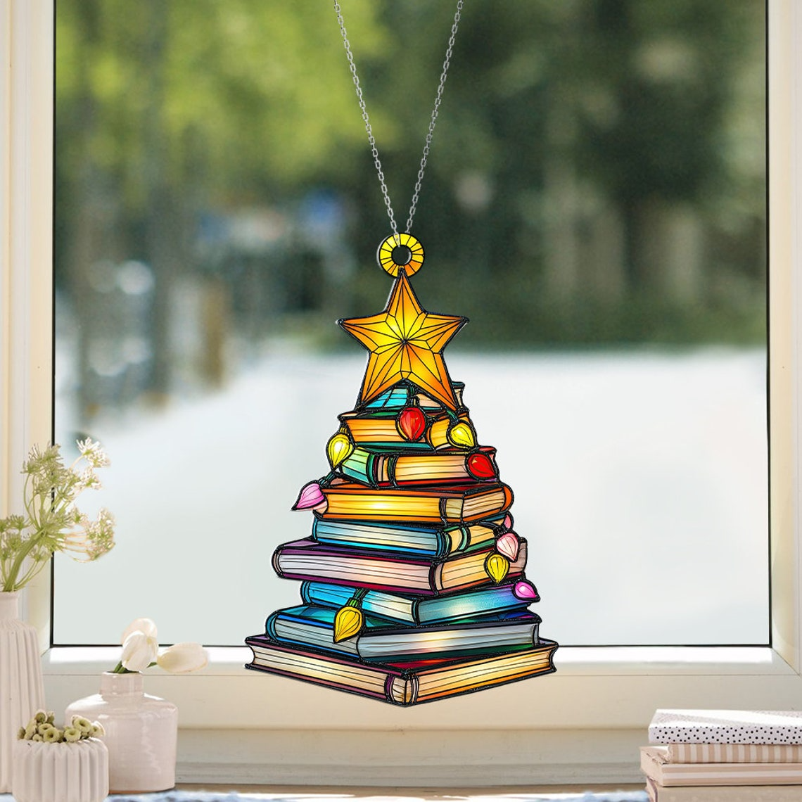 Bookstack Star Christmas Suncatcher, Books Tree Christmas Hanging Window Ornament