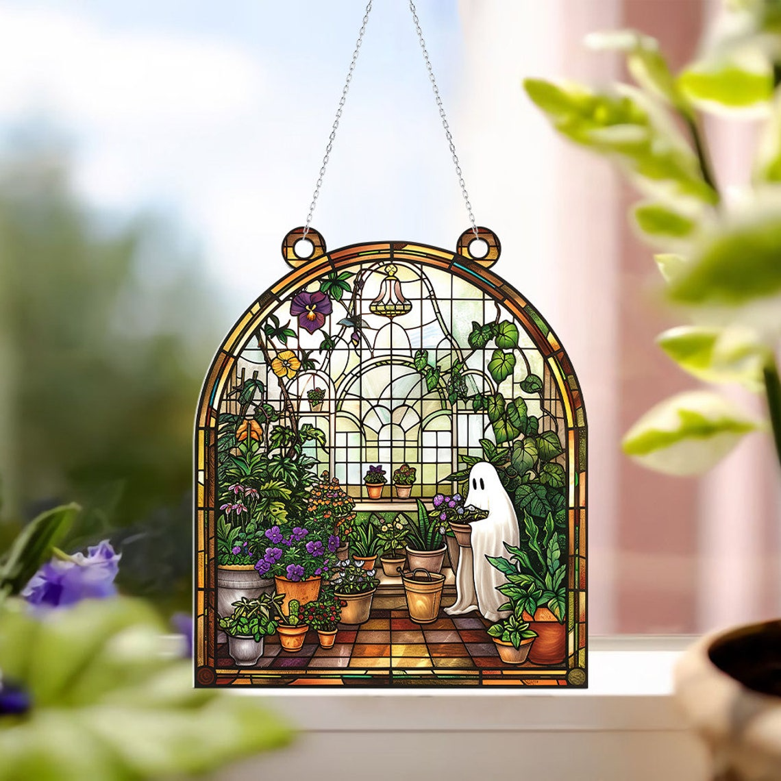 Cute Ghost At Greenhouse Suncatcher, Ghost Greenhouse Hanging Home Decor