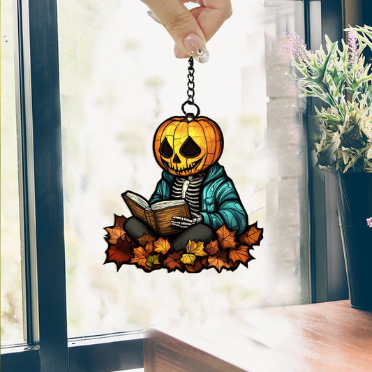 Skeleton Reading Books Suncatcher Ornament, Books Leaf Window Suncatcher