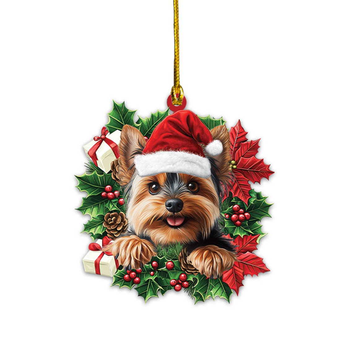 Yorkshire Terrier Dog Christmas Wreath Ornament, Yorkshire Terrier Dog Christmas Ornament