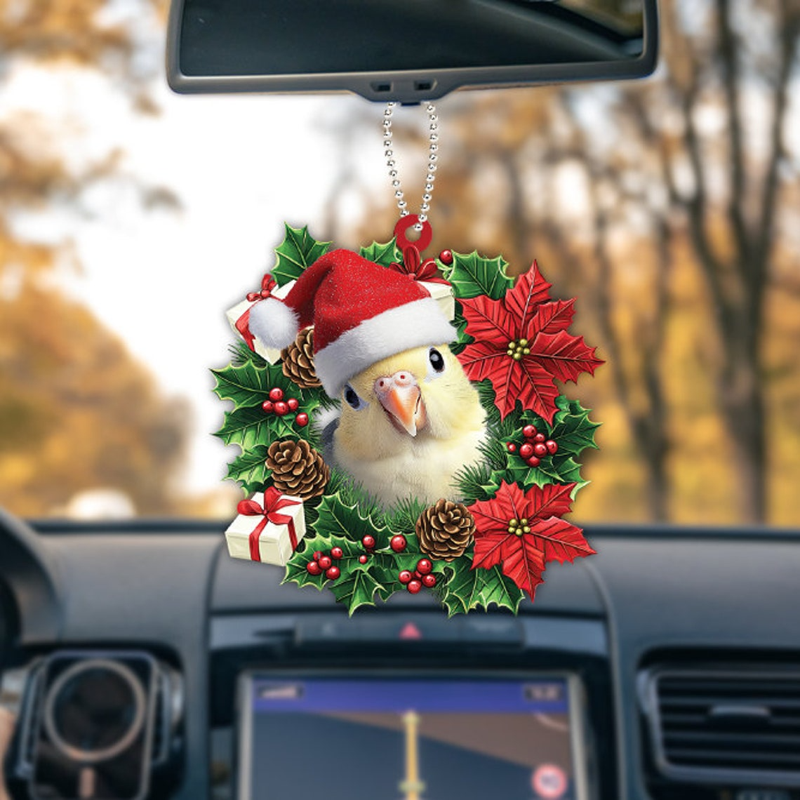 Cockatiel Hanging Christmas Tree Wreath Ornament, Cockatiel Rearview Mirror Car Ornament Holiday Gift