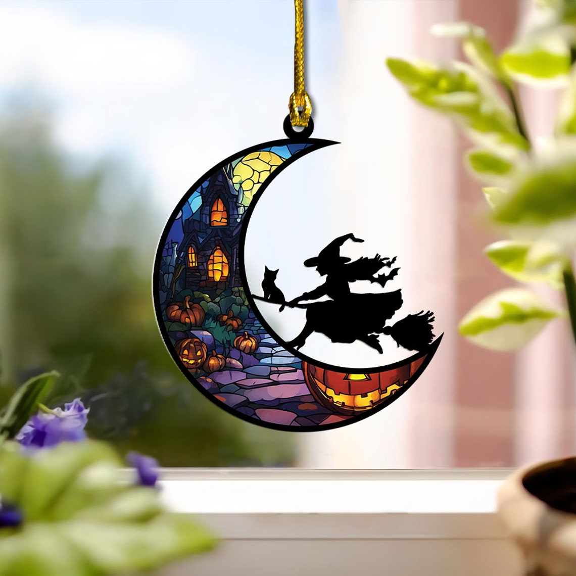 Witch Riding Broomstick on the Moon Suncatcher, Halloween Witch Riding Broomstick Home Decor