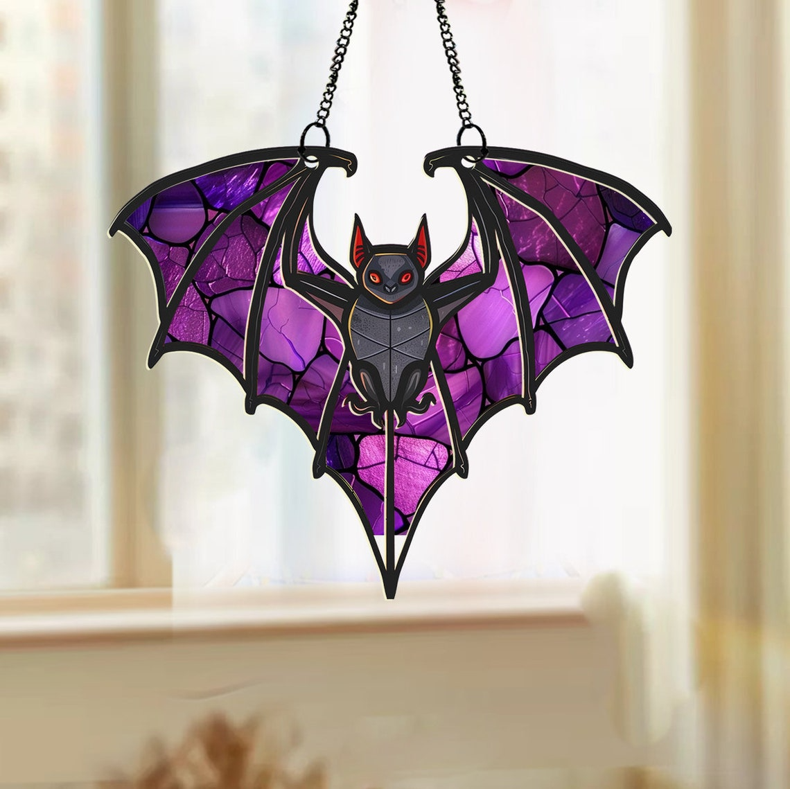 Bat Purple Fly Halloween Hanging Suncatcher Ornament, Halloween Bat Ornament Halloween Decor