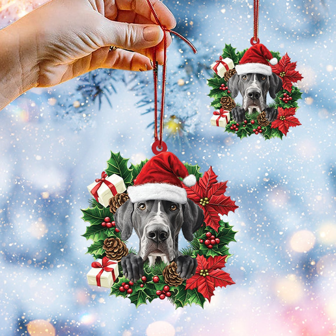 Great Dane Dog Christmas Wreath Ornament, Great Dane Dog Christmas Tree Ornament Decor