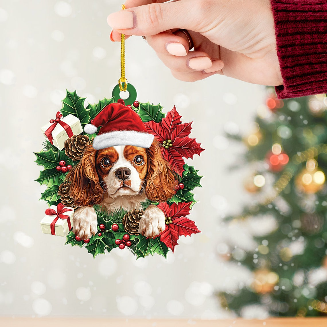 Cavalier King Charles Spaniel Dog Christmas Wreath Ornament, Cavaliers Dog Car Hanging Christmas Decor Ornament