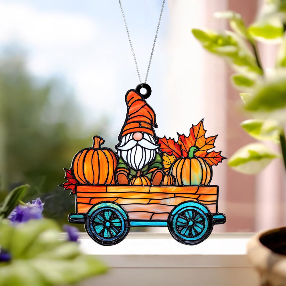 Gnomes on Pumpkin Cart Autumn Suncatcher, Gnome Autumn Thanksgiving Suncatcher Ornament Decor