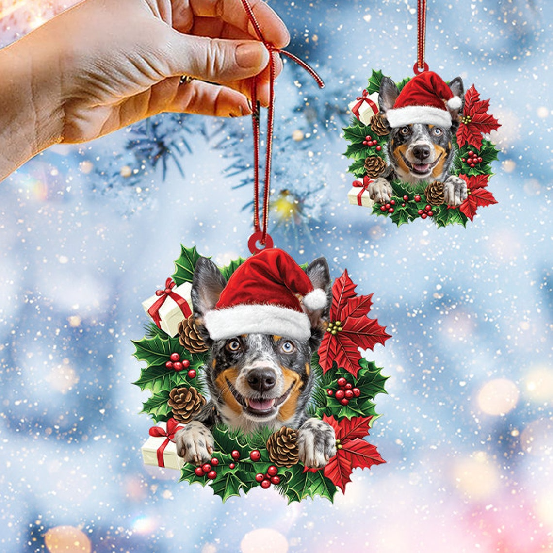 Heeler Dog Christmas Wreath Ornament, Christmas Ornament Heeler Dog Lovers Holiday Gift