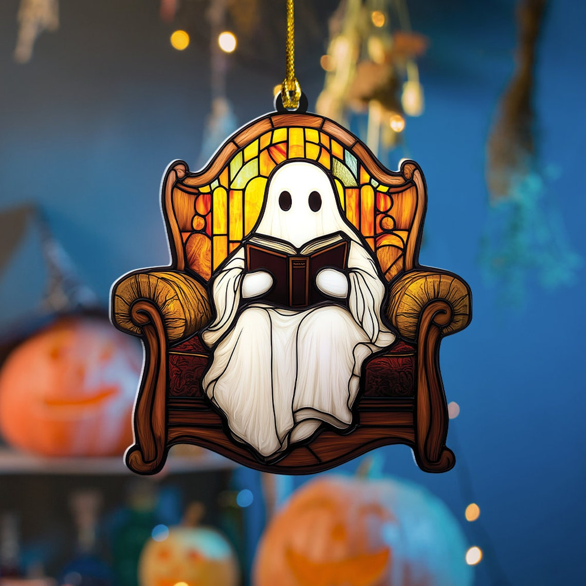 Halloween Ghost Reading Books Suncatcher, Ghost Read Book on The Chair Ornament