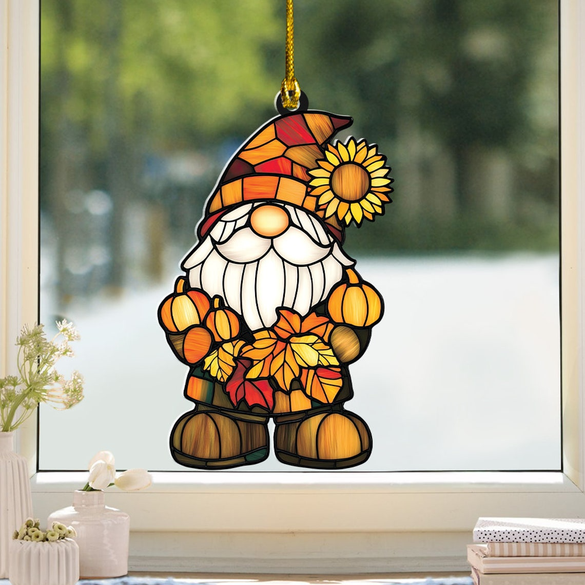 Gnome Autumn Suncatcher, Gnome Pumpkin Hanging Ornament