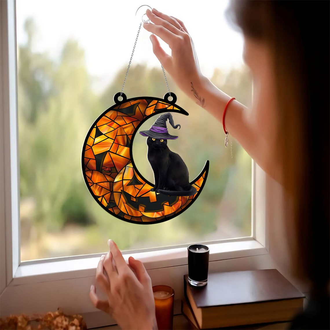 Cat Halloween Moon Window Hanging Suncatcher, Halloween Cat Pumpkin Ornament