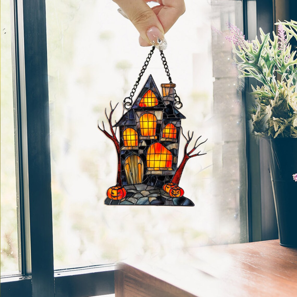 Spooky Haunted House Hanging Suncatcher, Halloween Suncatcher Ornament