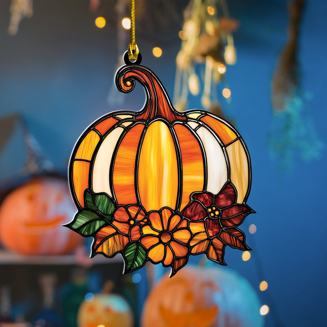 Pumpkin and Flower Suncatcher Ornament, Halloween Pumpkin Floral Decor